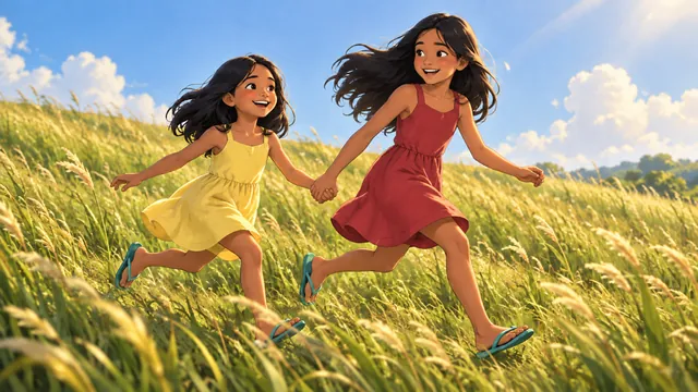 Two sisters, one in yellow and one in red, run hand in hand through tall green grass.