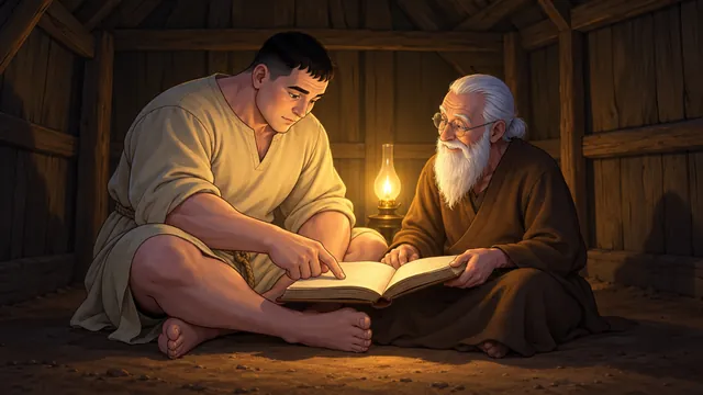 By lamplight, a huge young man follows a line of a book with one finger while a tiny old man reads beside him.